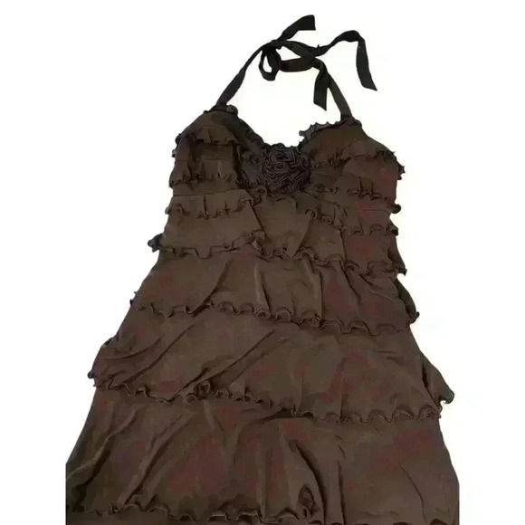 BCBGMaxAzeria Layered Ruffle Little Brown Halter Dress Open Back Size M - Picture 7 of 8